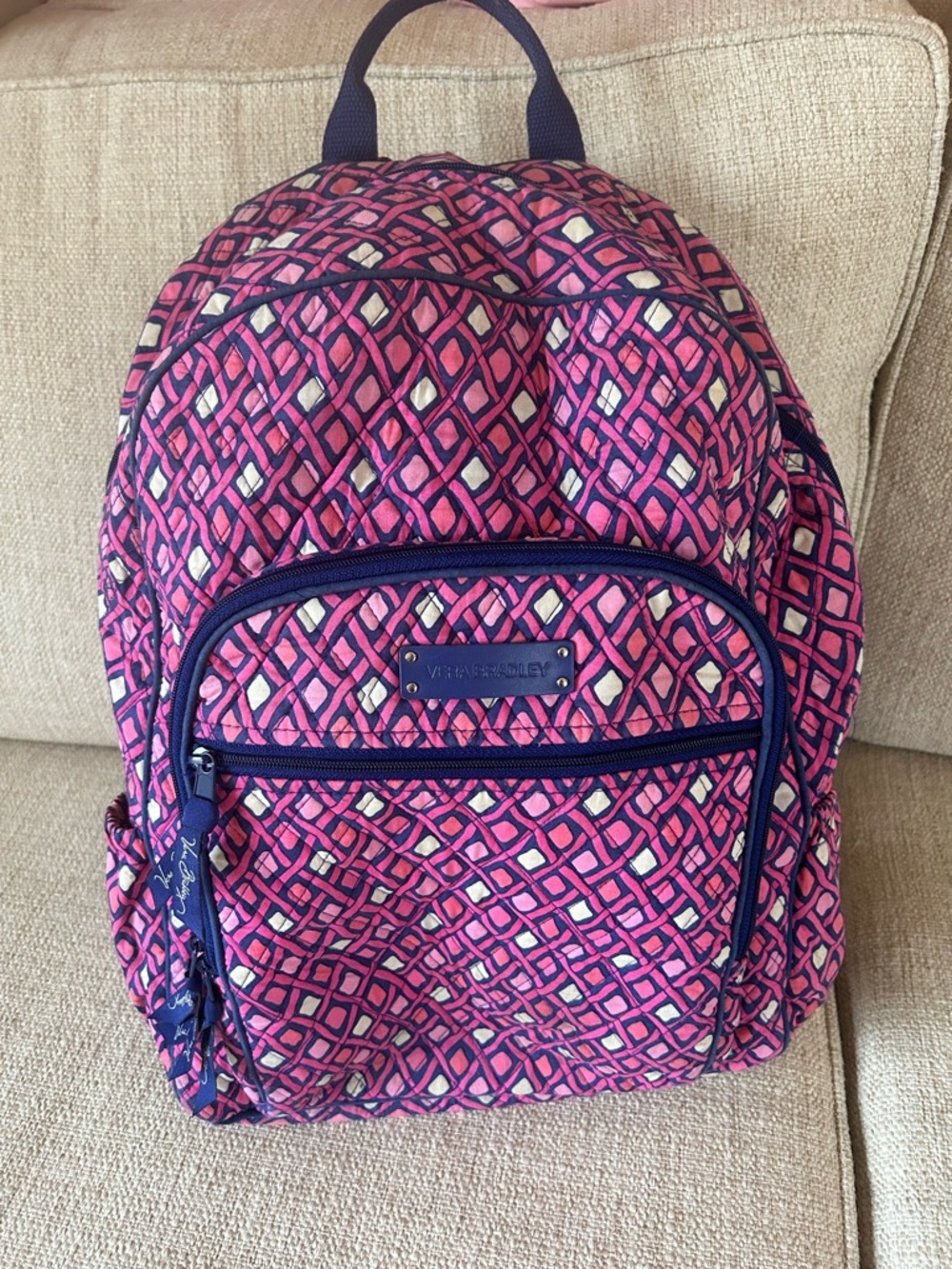 Vera Bradley Katalina Pink Campus Patterned Quilted Backpack with Navy Trim